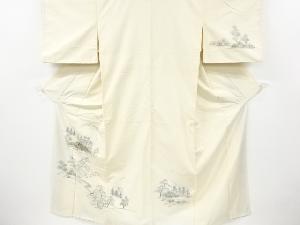 アンティーク　手描き田舎風景模様手織り紬着物